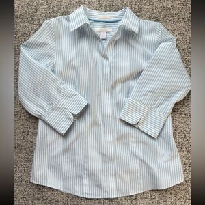 Chico's Metallic Light Blue and White Striped Blouse No Iron Work Wear Academia
